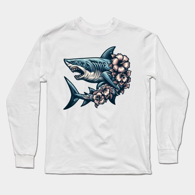 Hawaiian Style Fierce Thrashing Shark Long Sleeve T-Shirt by Organicgal Graphics